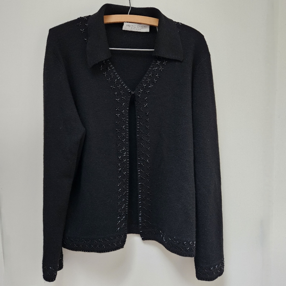 Valerie Stevens Evening Merino Wool Beaded Cardigan Black Size XL